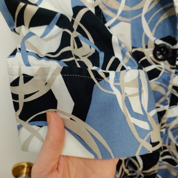 Tribal Button Up Coat Jacket 3/4 Sleeve Belted Trench Geometric Blue Size 8 - Picture 6 of 10